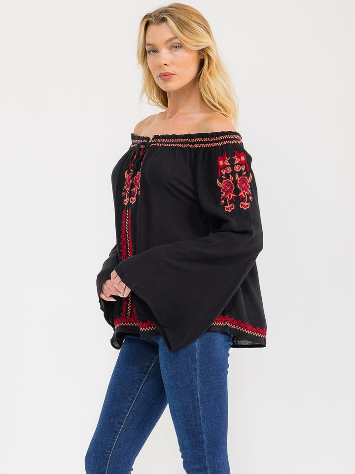 WOMEN'S LONG BELL SLEEVE EMBROIDERY DETAILED TUNIC BLOUSE