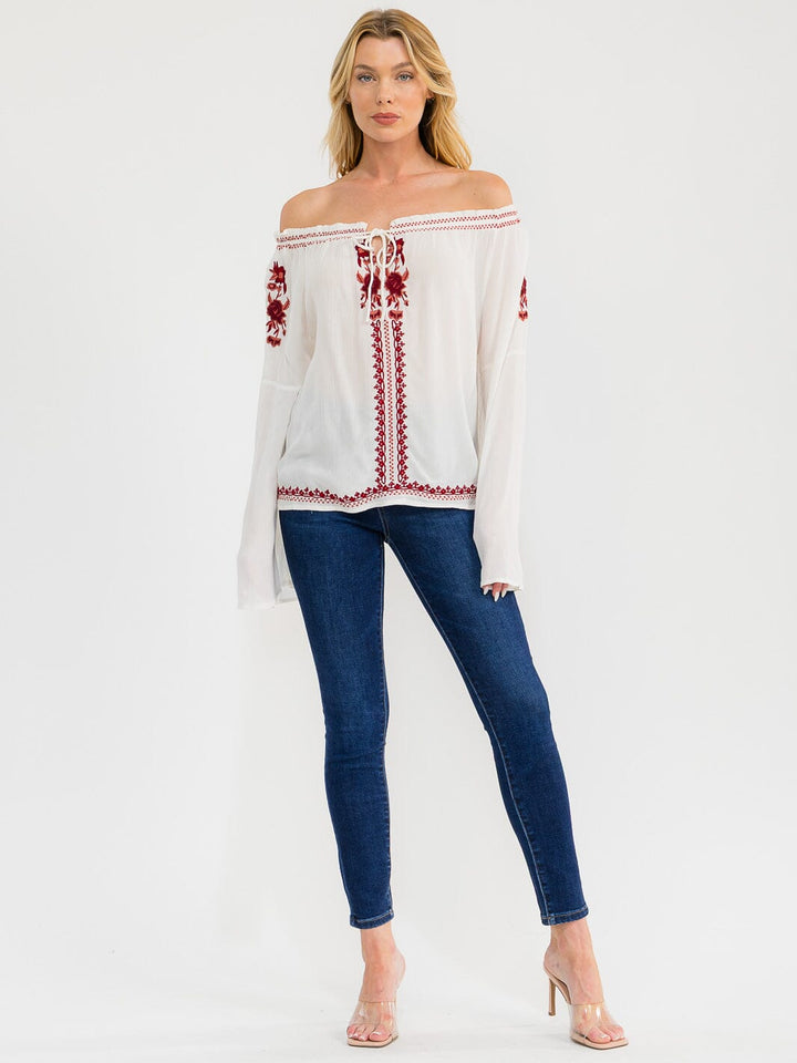 WOMEN'S LONG BELL SLEEVE EMBROIDERY DETAILED TUNIC BLOUSE
