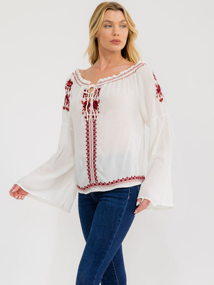 WOMEN'S LONG BELL SLEEVE EMBROIDERY DETAILED TUNIC BLOUSE