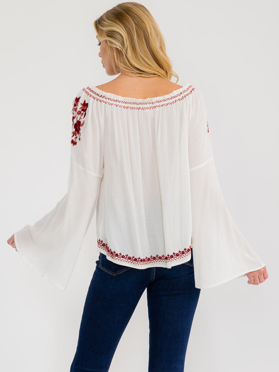 WOMEN'S LONG BELL SLEEVE EMBROIDERY DETAILED TUNIC BLOUSE