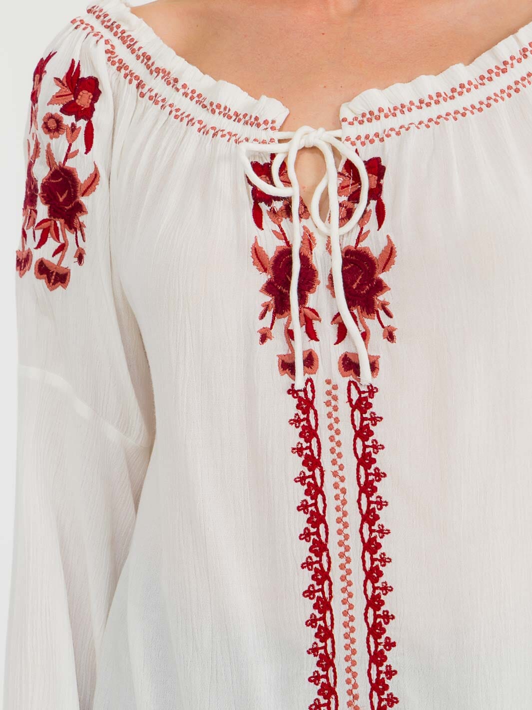 WOMEN'S LONG BELL SLEEVE EMBROIDERY DETAILED TUNIC BLOUSE