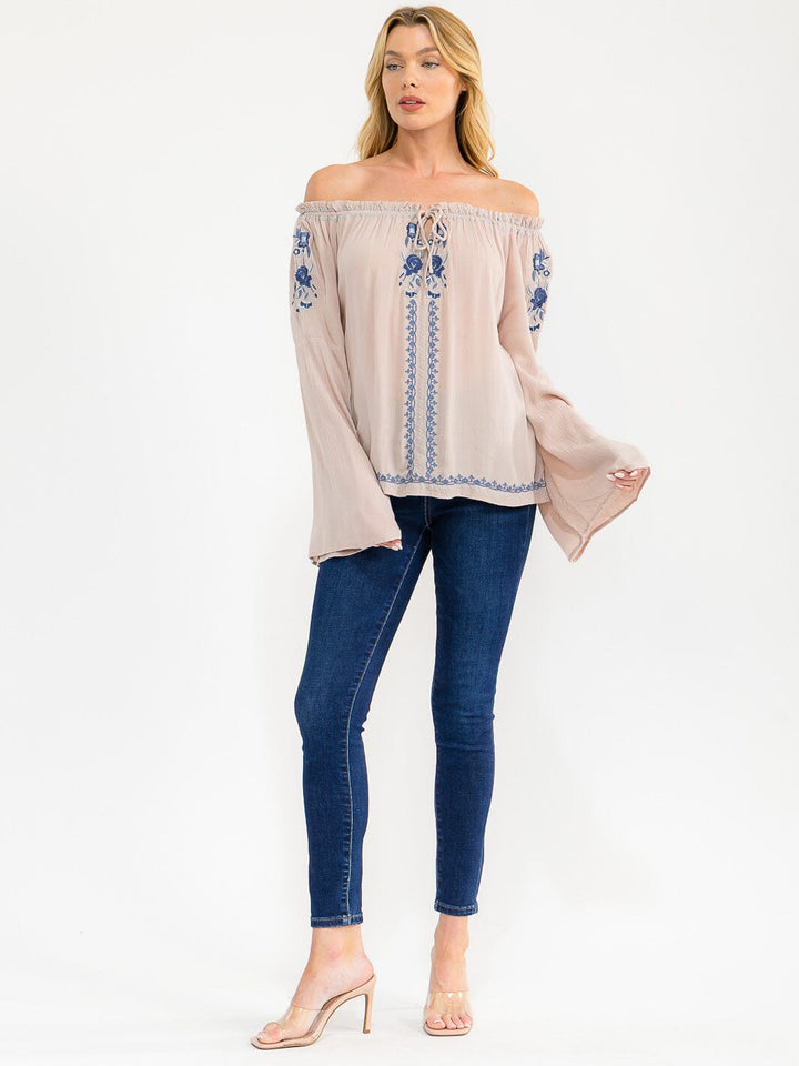 WOMEN'S LONG BELL SLEEVE EMBROIDERY DETAILED TUNIC BLOUSE