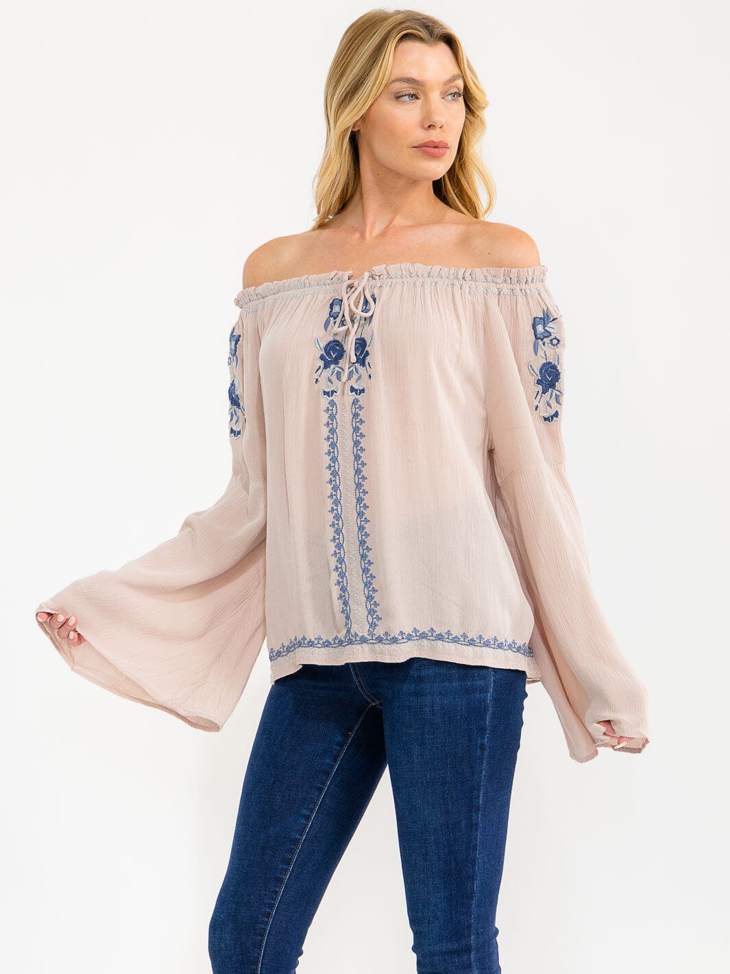 WOMEN'S LONG BELL SLEEVE EMBROIDERY DETAILED TUNIC BLOUSE