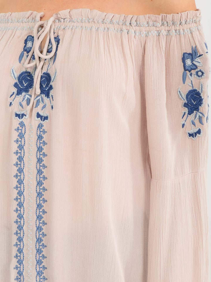 WOMEN'S LONG BELL SLEEVE EMBROIDERY DETAILED TUNIC BLOUSE