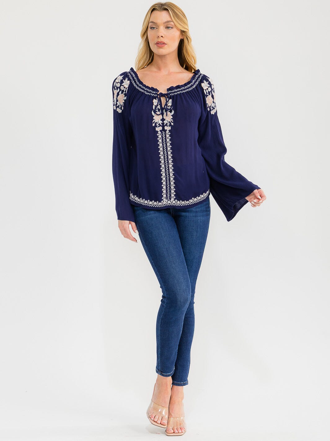 WOMEN'S LONG BELL SLEEVE EMBROIDERY DETAILED TUNIC BLOUSE