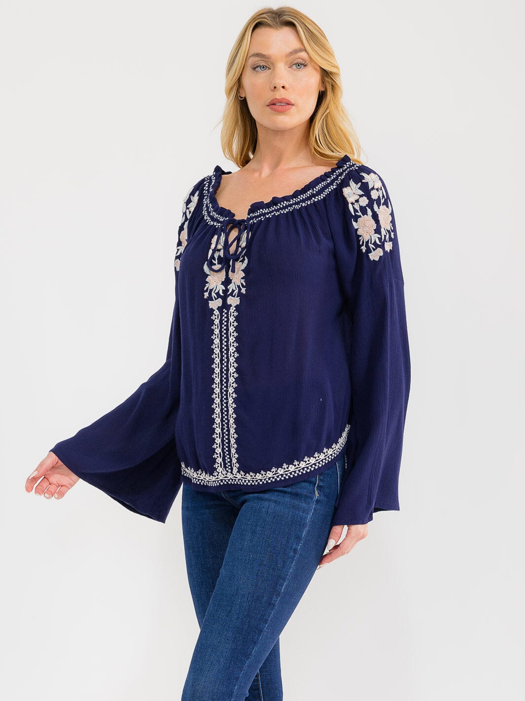 WOMEN'S LONG BELL SLEEVE EMBROIDERY DETAILED TUNIC BLOUSE