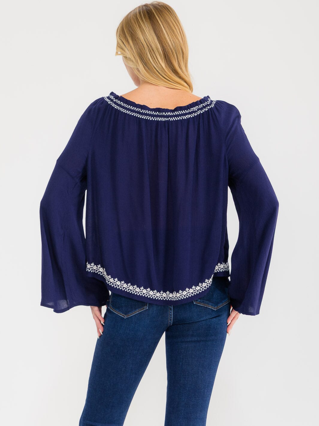 WOMEN'S LONG BELL SLEEVE EMBROIDERY DETAILED TUNIC BLOUSE