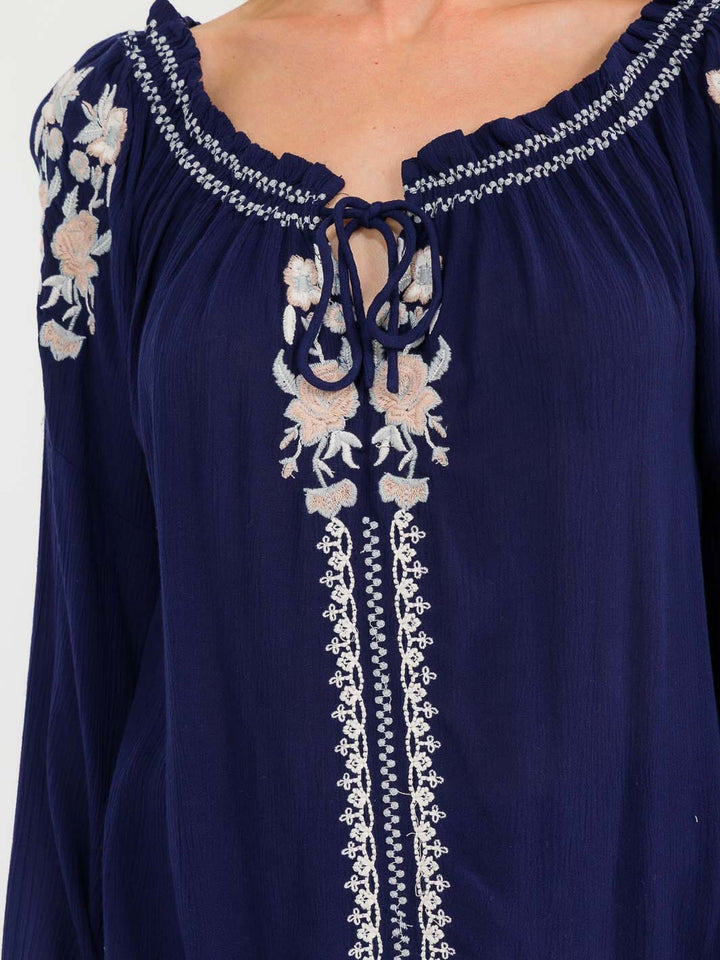 WOMEN'S LONG BELL SLEEVE EMBROIDERY DETAILED TUNIC BLOUSE