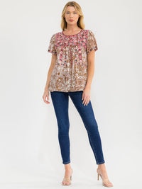 WOMEN'S SHORT SLEEVE EMBROIDERY FLORAL DETAILED TUNIC MULTI TOP