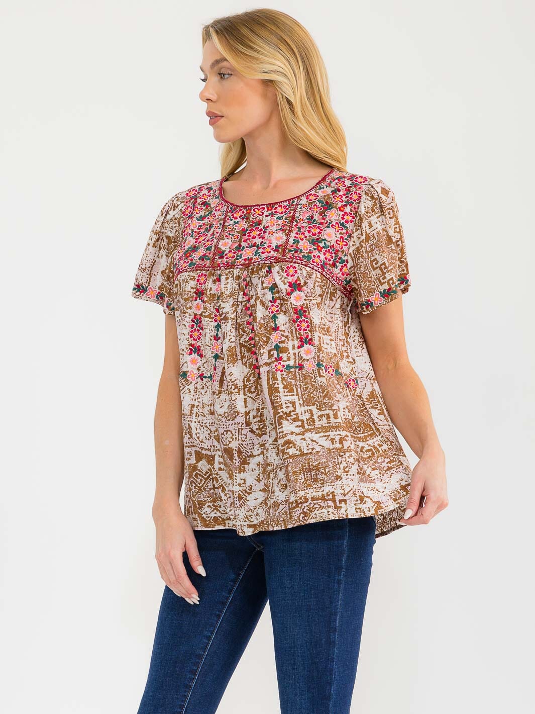 WOMEN'S SHORT SLEEVE EMBROIDERY FLORAL DETAILED TUNIC MULTI TOP