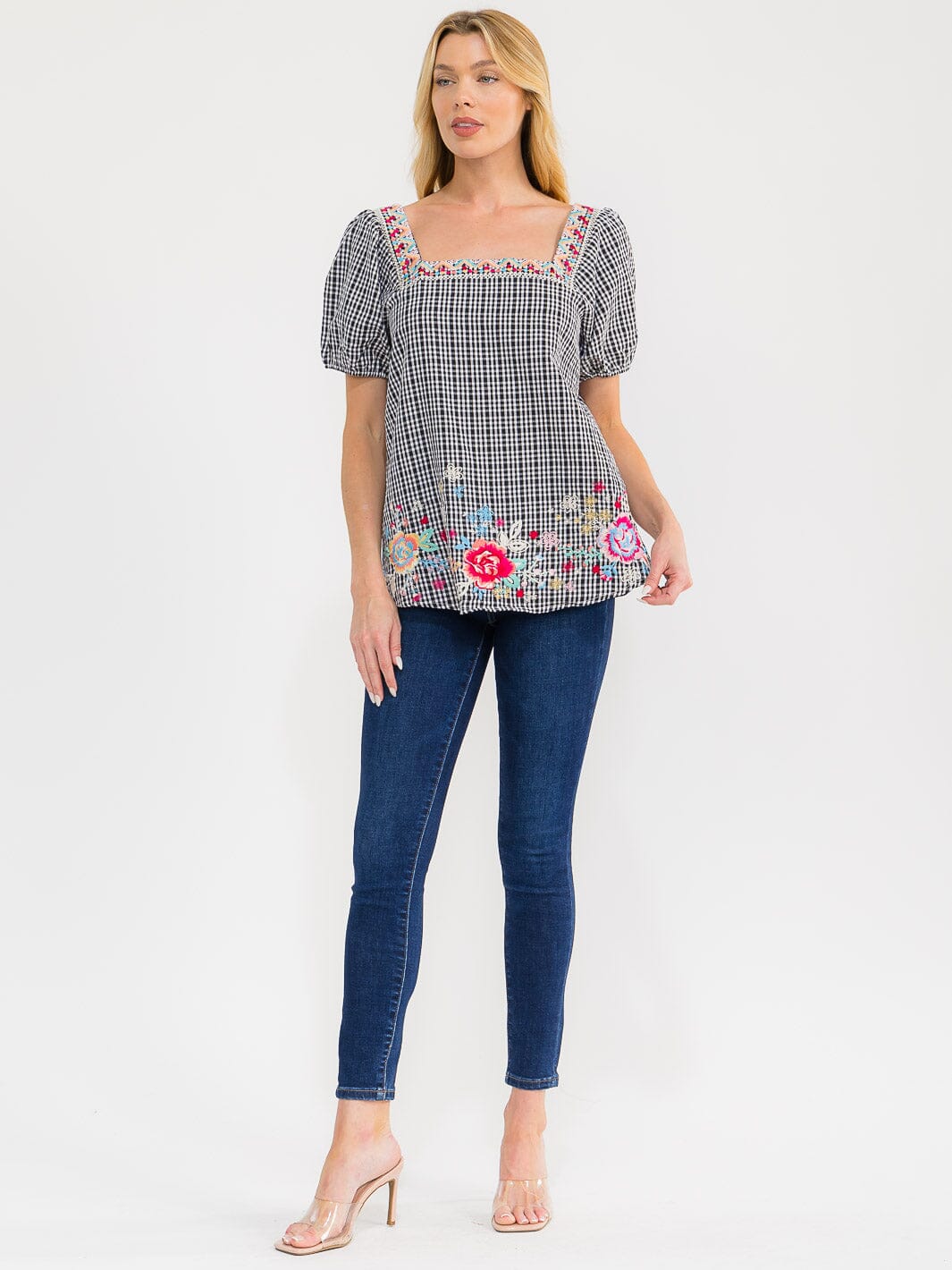 WOMEN'S SHORT SLEEVE SQUARE NECK EMBROIDERY FLORAL PLAID TUNIC TOP