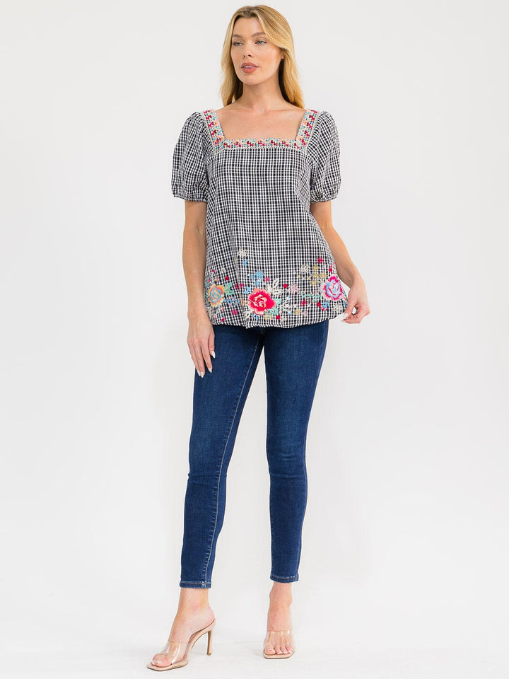 WOMEN'S SHORT SLEEVE SQUARE NECK EMBROIDERY FLORAL PLAID TUNIC TOP