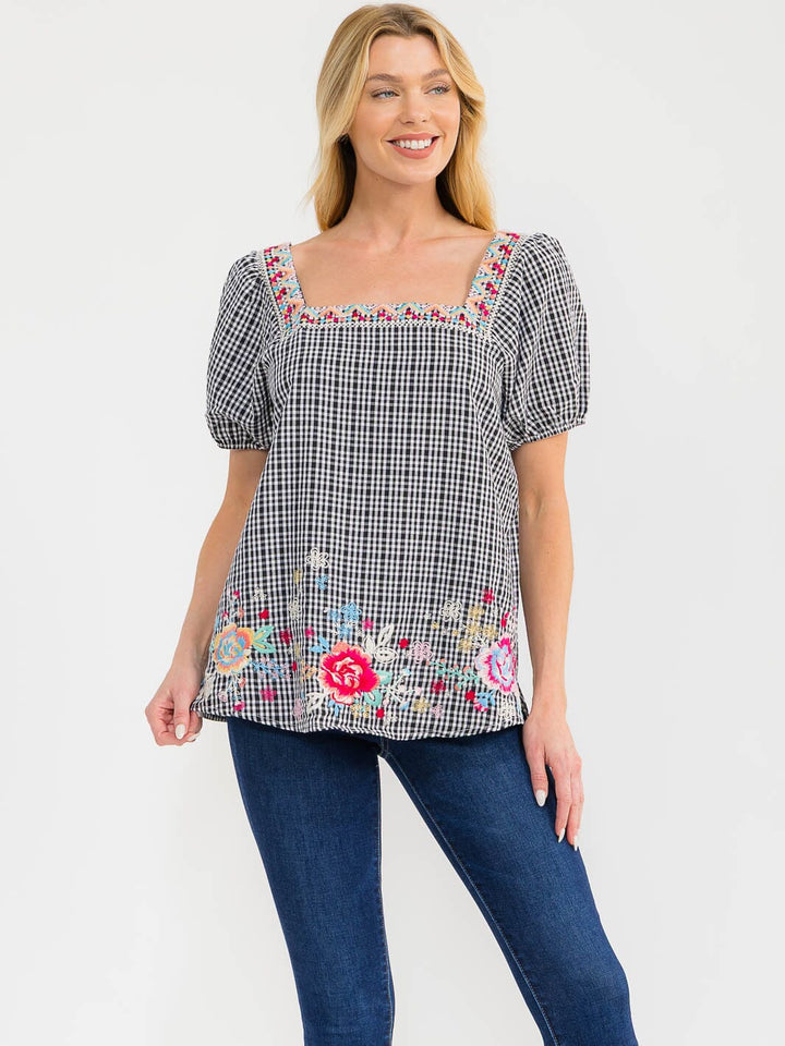 WOMEN'S SHORT SLEEVE SQUARE NECK EMBROIDERY FLORAL PLAID TUNIC TOP