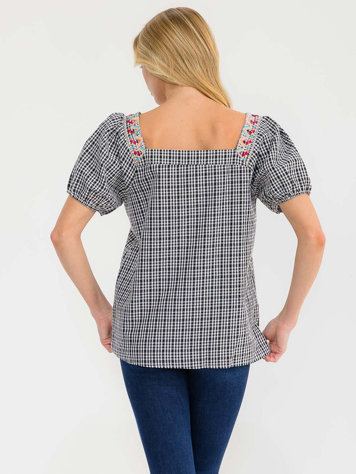 WOMEN'S SHORT SLEEVE SQUARE NECK EMBROIDERY FLORAL PLAID TUNIC TOP