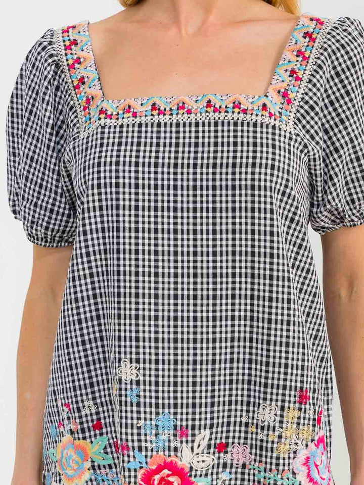 WOMEN'S SHORT SLEEVE SQUARE NECK EMBROIDERY FLORAL PLAID TUNIC TOP
