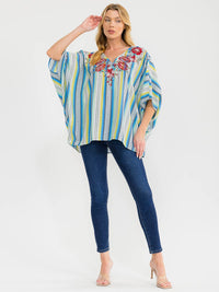 WOMEN'S SHORT SLEEVE V-NECK EMBROIDERY DETAILED TUNIC MULTI TOP
