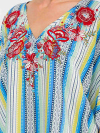 WOMEN'S SHORT SLEEVE V-NECK EMBROIDERY DETAILED TUNIC MULTI TOP
