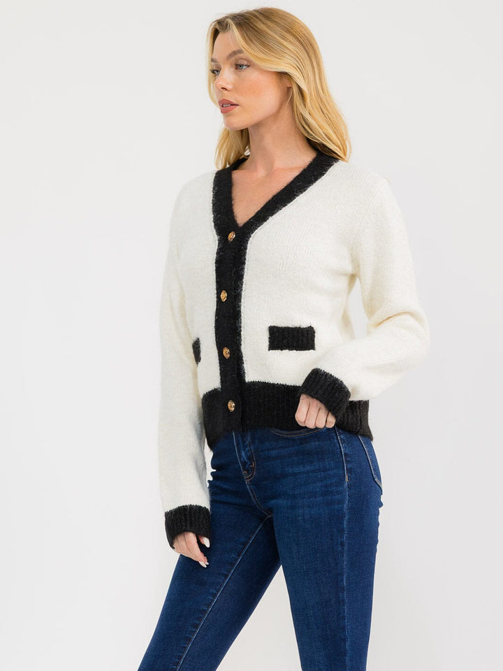 WOMEN'S LONG SLEEVE BUTTON UP FRONT POCKETS COLORBLOCK SWEATER
