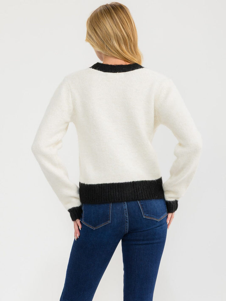 WOMEN'S LONG SLEEVE BUTTON UP FRONT POCKETS COLORBLOCK SWEATER