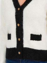 WOMEN'S LONG SLEEVE BUTTON UP FRONT POCKETS COLORBLOCK SWEATER