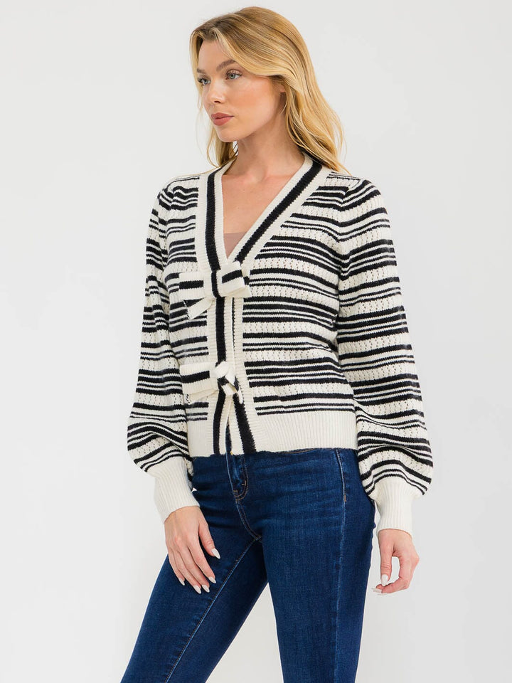 WOMEN'S LONG SLEEVE BUTTON UP KNIT COLORBLOCK STRIPES SWEATER
