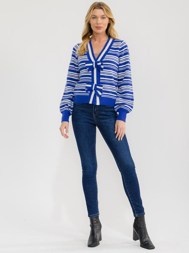 WOMEN'S LONG SLEEVE BUTTON UP KNIT COLORBLOCK STRIPES SWEATER