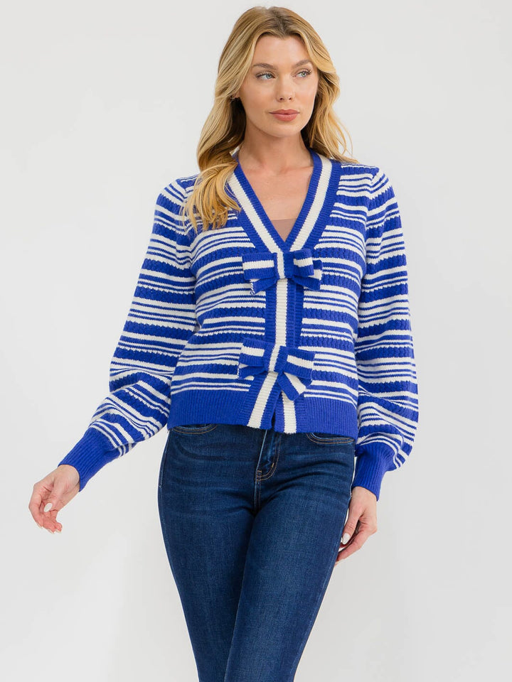 WOMEN'S LONG SLEEVE BUTTON UP KNIT COLORBLOCK STRIPES SWEATER