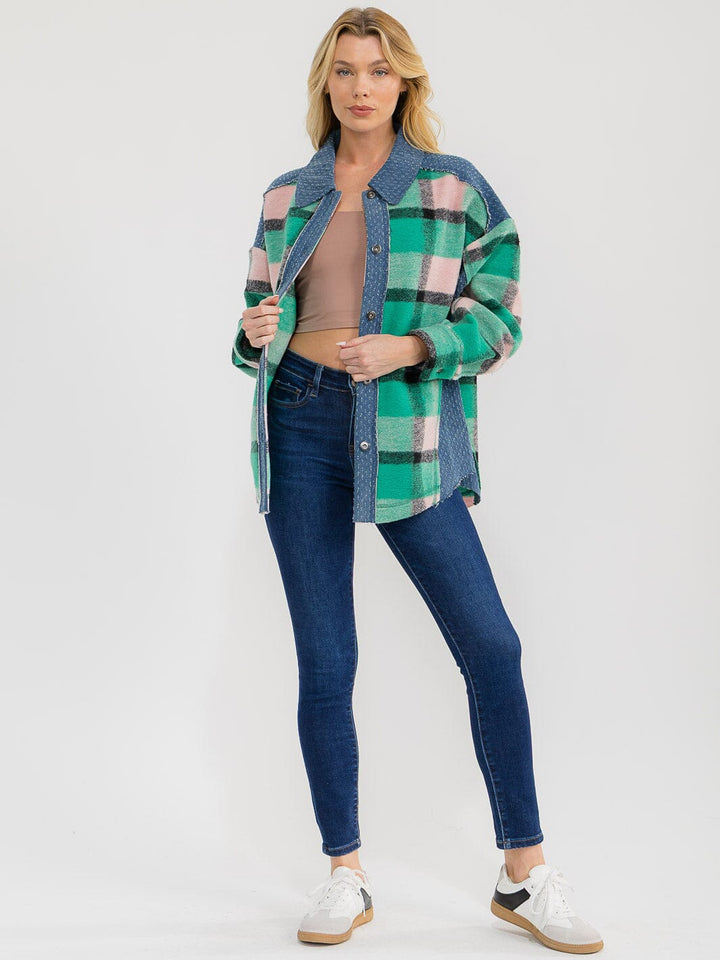 WOMEN'S LONG SLEEVE BUTTON CLOSURE PLAID DENIM CONTRAST JACKET