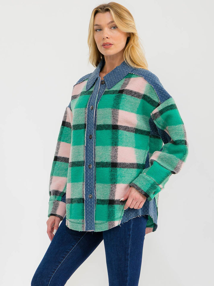 WOMEN'S LONG SLEEVE BUTTON CLOSURE PLAID DENIM CONTRAST JACKET