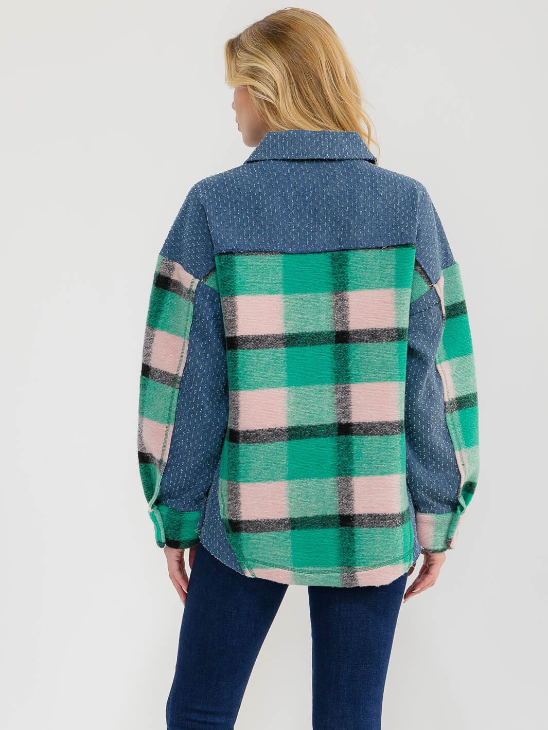 WOMEN'S LONG SLEEVE BUTTON CLOSURE PLAID DENIM CONTRAST JACKET