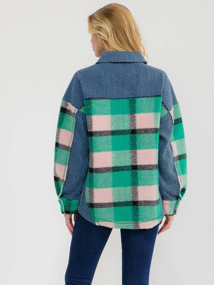 WOMEN'S LONG SLEEVE BUTTON CLOSURE PLAID DENIM CONTRAST JACKET