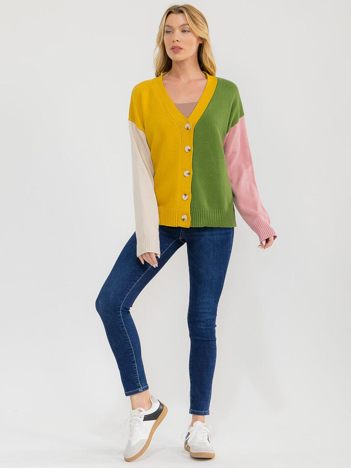 WOMEN'S LONG SLEEVE BUTTON UP V-NECK COLORBLOCK SWEATER