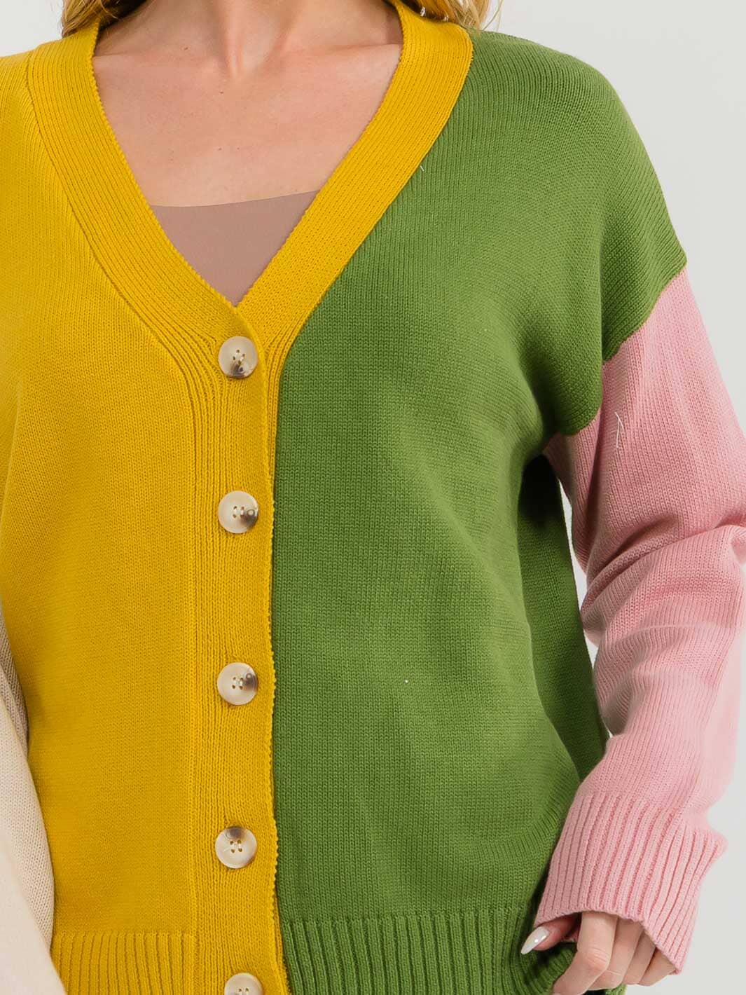 WOMEN'S LONG SLEEVE BUTTON UP V-NECK COLORBLOCK SWEATER