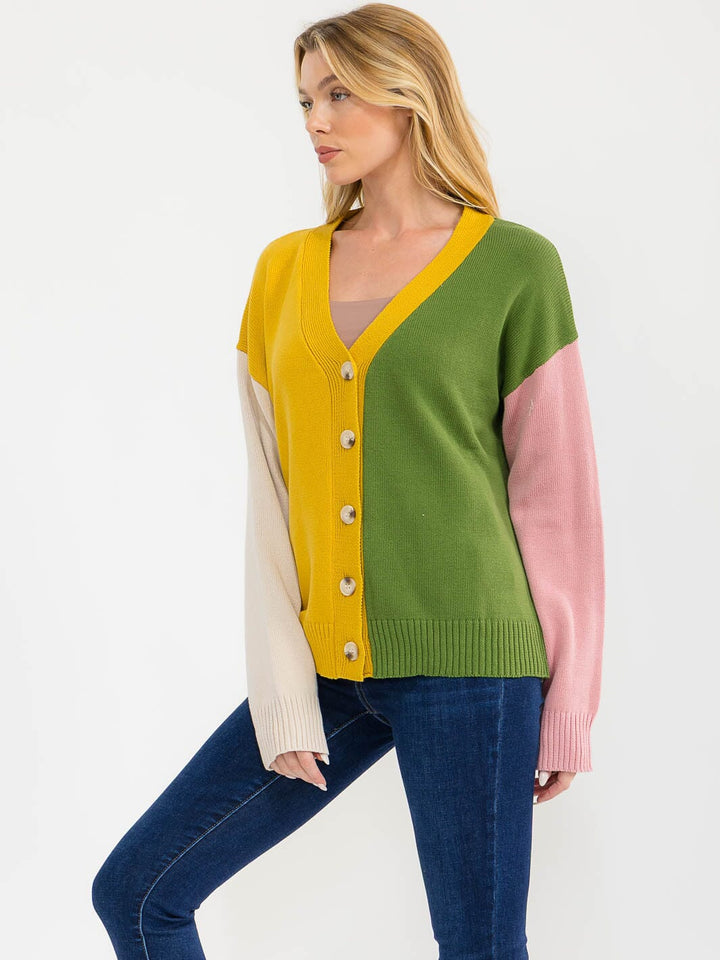 WOMEN'S LONG SLEEVE BUTTON UP V-NECK COLORBLOCK SWEATER
