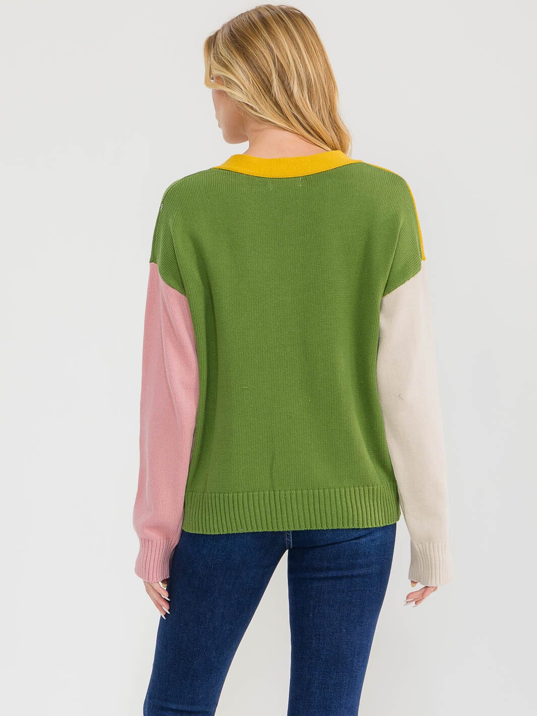 WOMEN'S LONG SLEEVE BUTTON UP V-NECK COLORBLOCK SWEATER