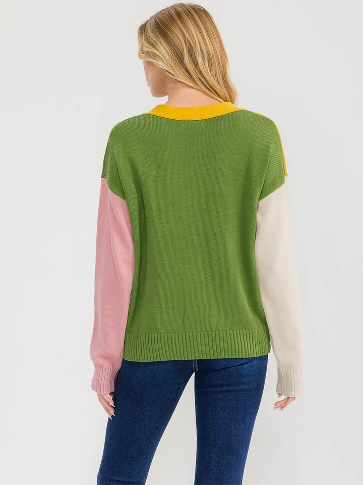 WOMEN'S LONG SLEEVE BUTTON UP V-NECK COLORBLOCK SWEATER