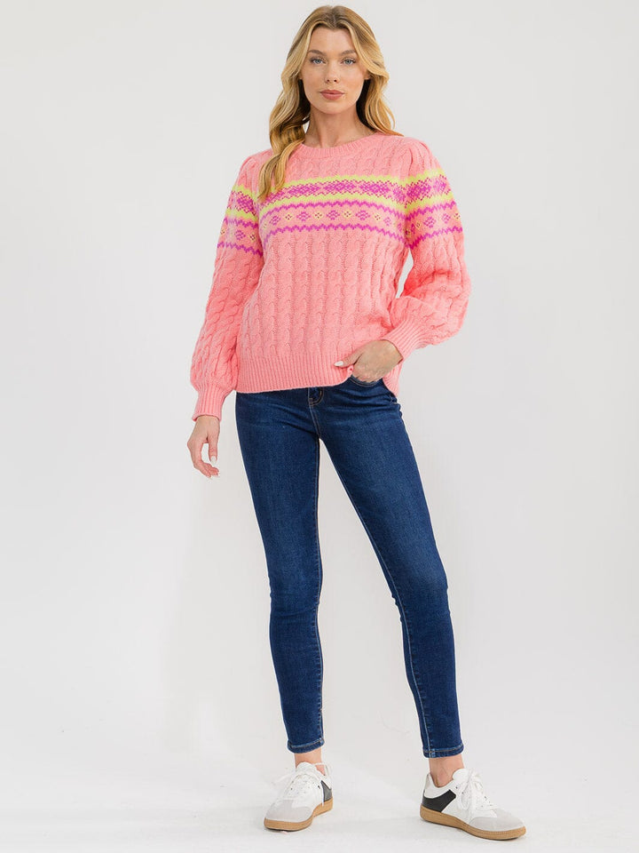 WOMEN'S LONG SLEEVE MULTI PRINT SHIMMER KNIT PULLOVER SWEATER