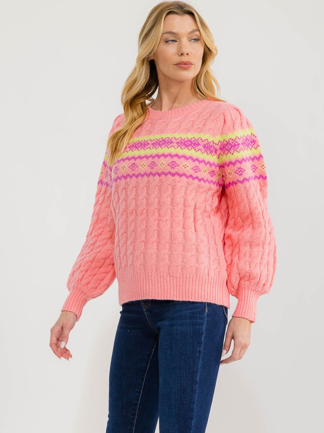 WOMEN'S LONG SLEEVE MULTI PRINT SHIMMER KNIT PULLOVER SWEATER