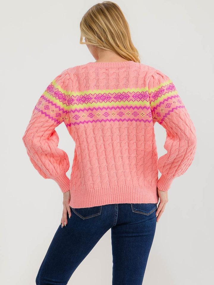 WOMEN'S LONG SLEEVE MULTI PRINT SHIMMER KNIT PULLOVER SWEATER