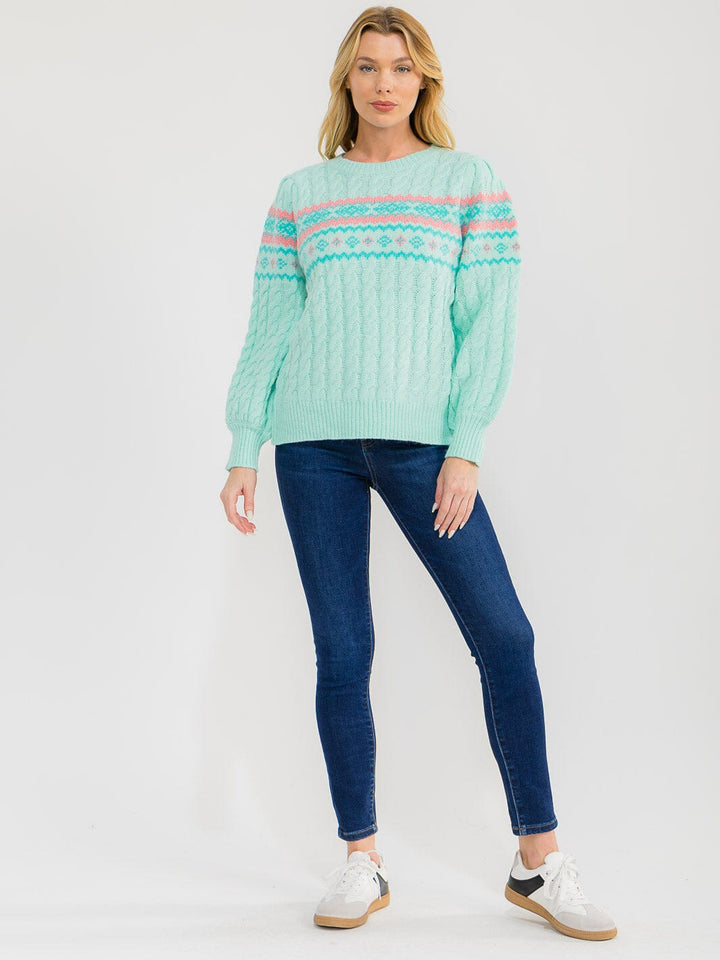 WOMEN'S LONG SLEEVE MULTI PRINT SHIMMER KNIT PULLOVER SWEATER