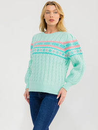 WOMEN'S LONG SLEEVE MULTI PRINT SHIMMER KNIT PULLOVER SWEATER