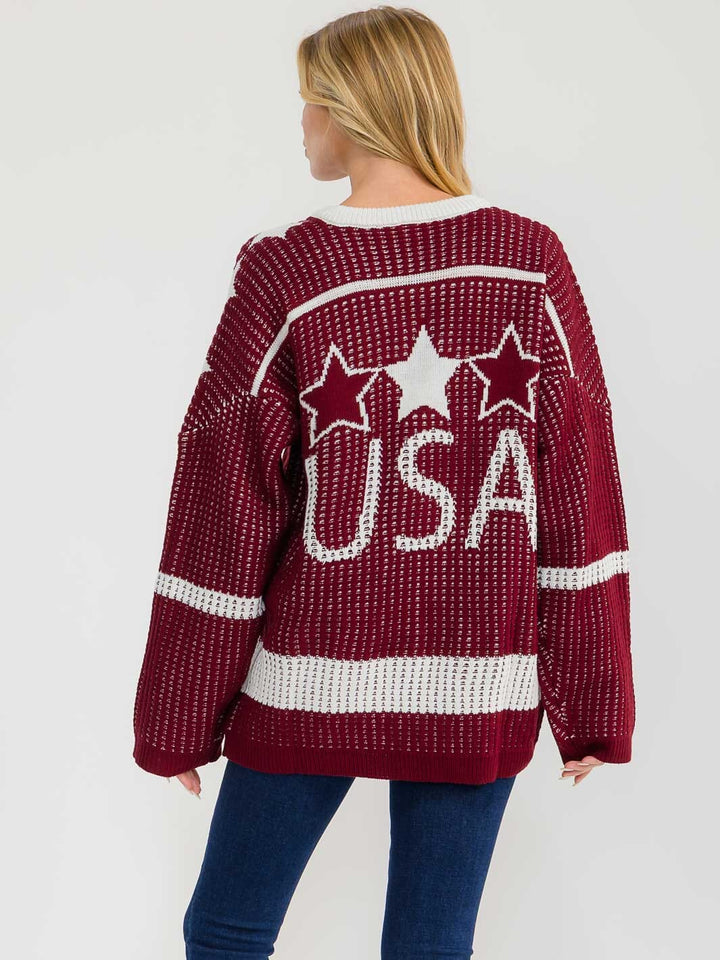 WOMEN'S LONG SLEEVE V-NECK COLORBLOCK PRINT PULLOVER OVERSIZED SWEATER