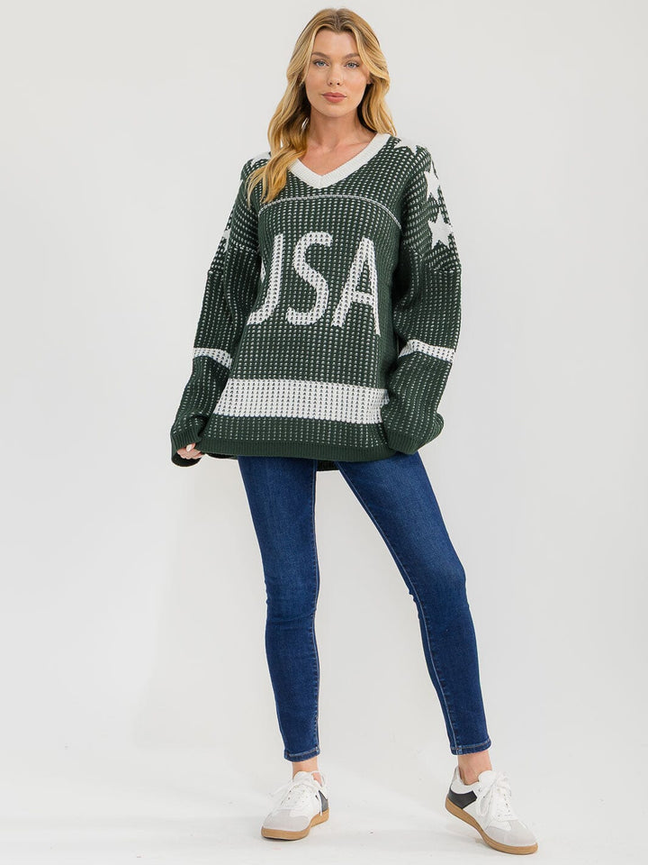 WOMEN'S LONG SLEEVE V-NECK COLORBLOCK PRINT PULLOVER OVERSIZED SWEATER