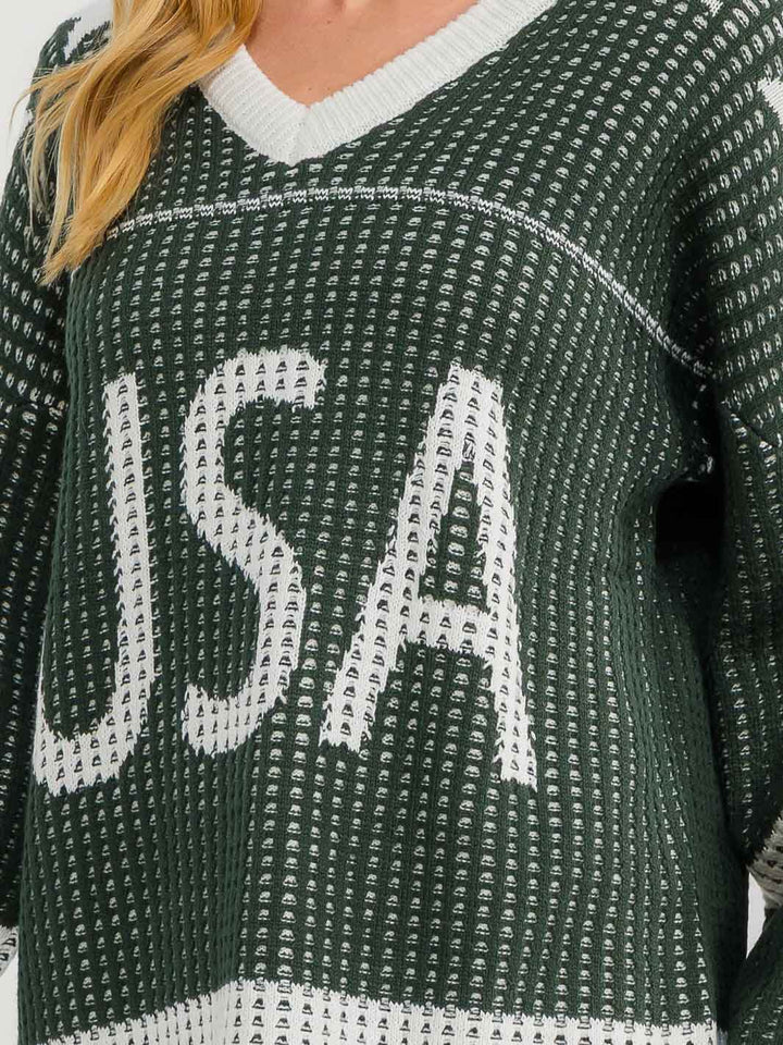 WOMEN'S LONG SLEEVE V-NECK COLORBLOCK PRINT PULLOVER OVERSIZED SWEATER