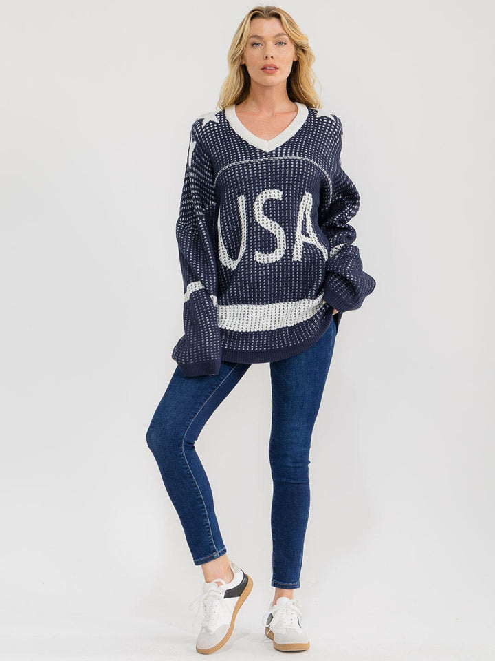 WOMEN'S LONG SLEEVE V-NECK COLORBLOCK PRINT PULLOVER OVERSIZED SWEATER