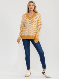 WOMEN'S LONG SLEEVE V-NECK COLORBLOCK PRINT KNIT PULLOVER SWEATER
