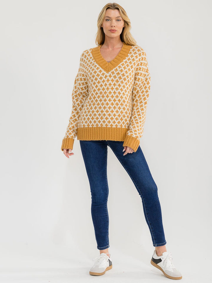 WOMEN'S LONG SLEEVE V-NECK COLORBLOCK PRINT KNIT PULLOVER SWEATER