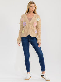 WOMEN'S LONG SLEEVE BUTTON UP EMBROIDERY FLORAL KNIT SWEATER