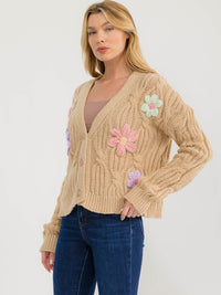 WOMEN'S LONG SLEEVE BUTTON UP EMBROIDERY FLORAL KNIT SWEATER