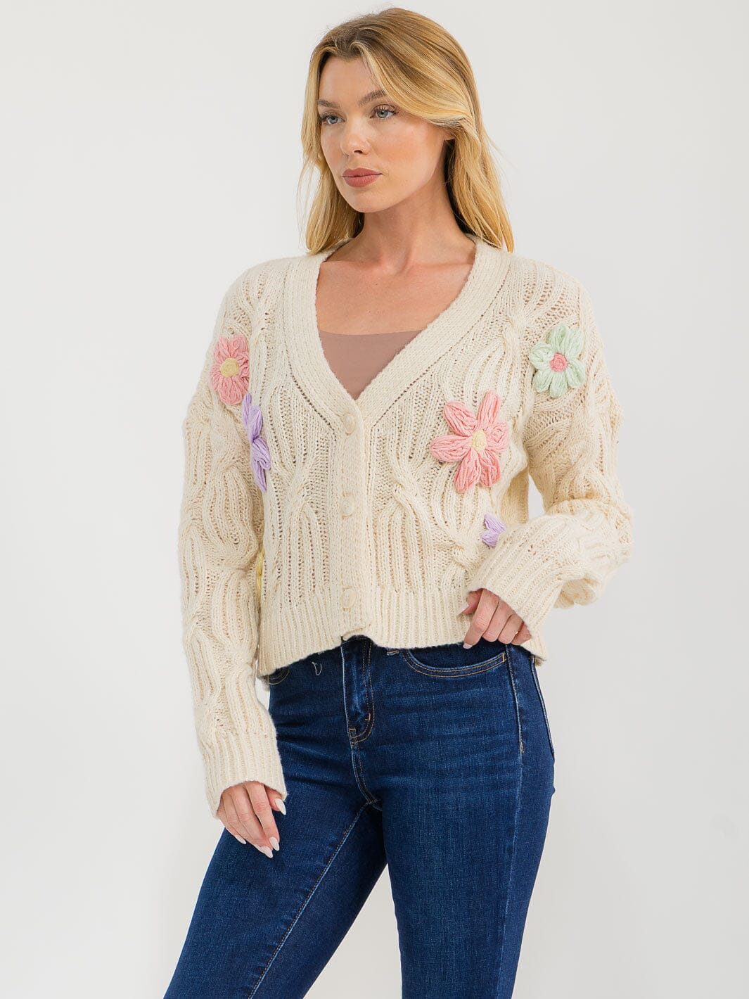 WOMEN'S LONG SLEEVE BUTTON UP EMBROIDERY FLORAL KNIT SWEATER